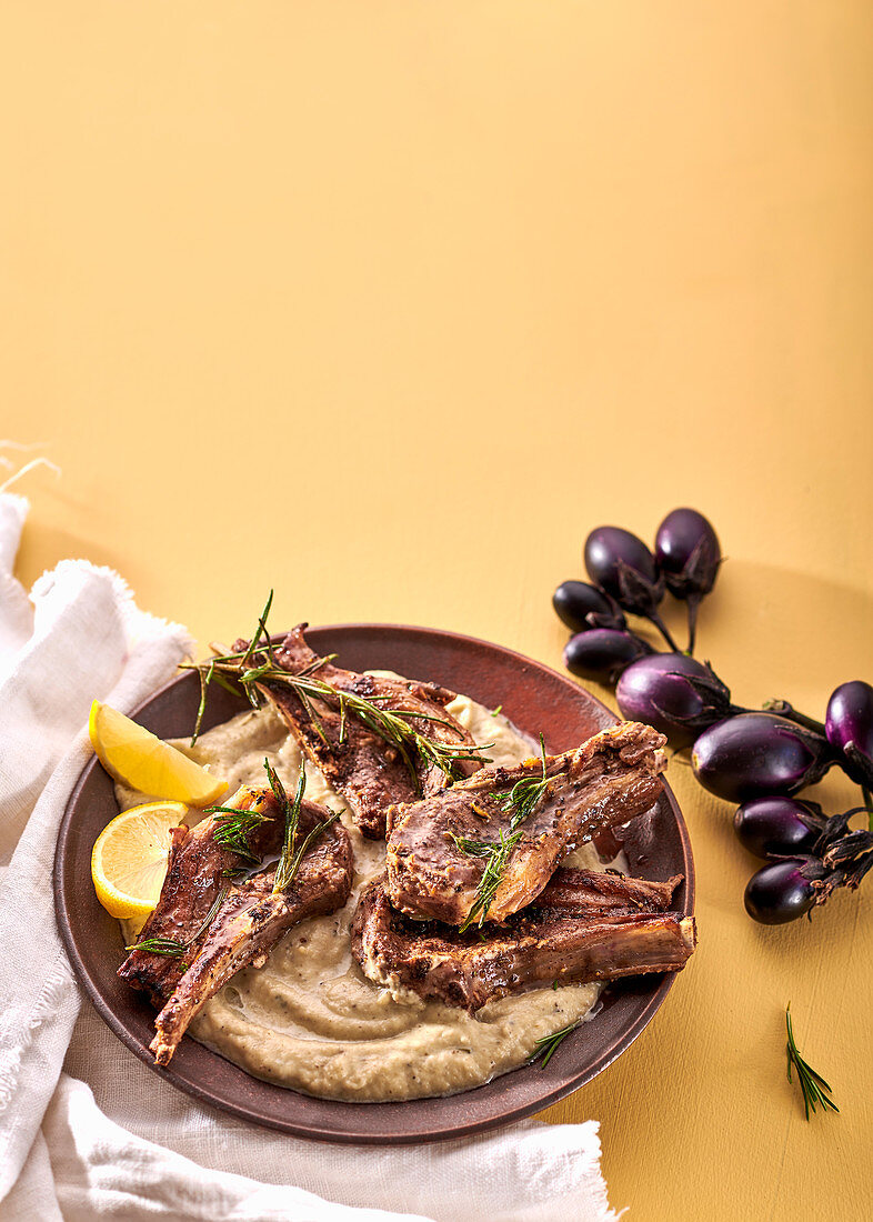 Aubergine-and-rosemary mash with lamb chops