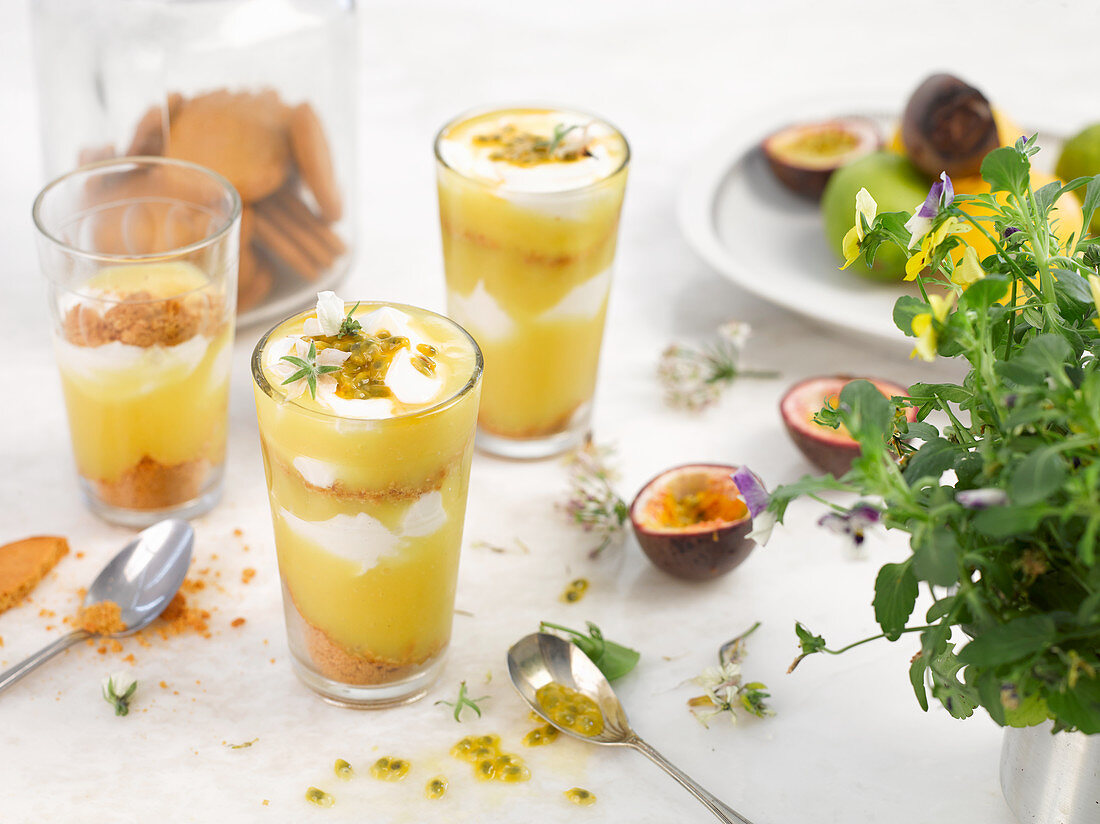 Mango and yoghurt parfait with passion fruit