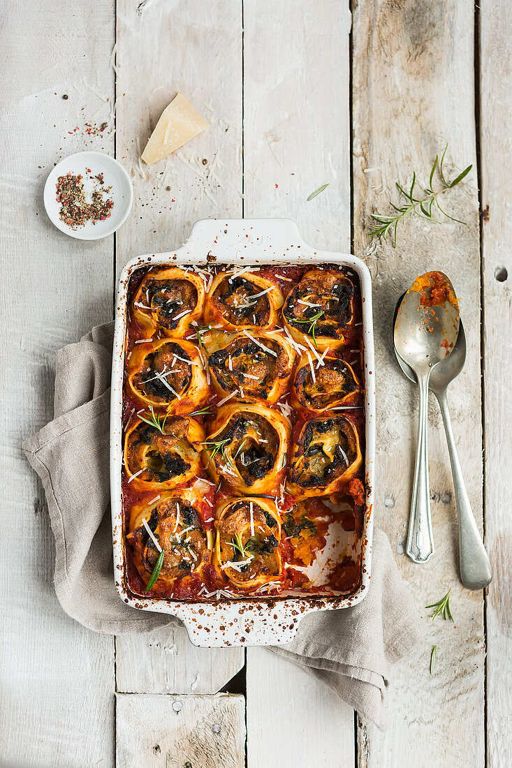 Vegetarian butternut squash and spinach pasta rotolo dish
