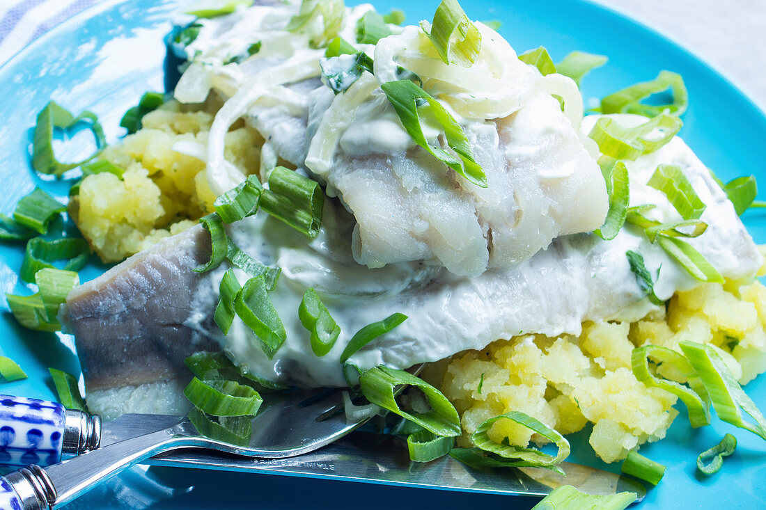 Matjesfilet mit Joghurtdip auf Stampfkartoffeln