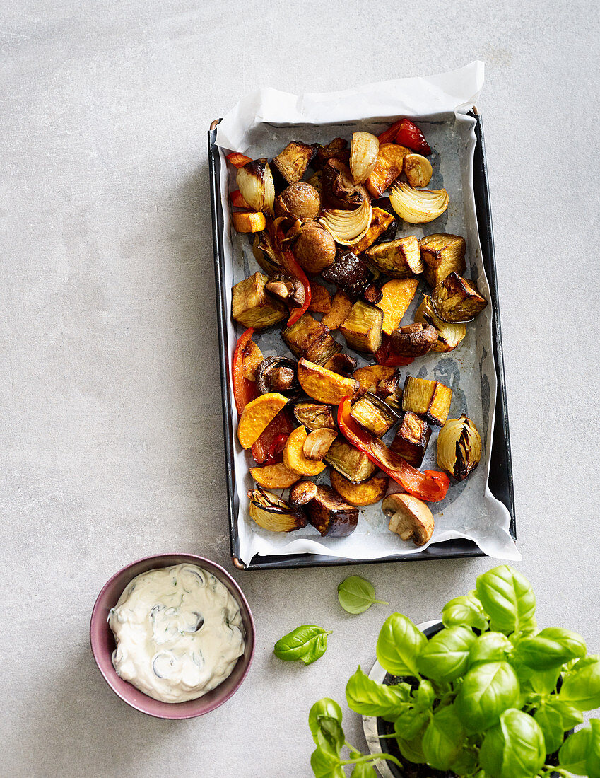 Oven-roasted vegetables with an olive dip