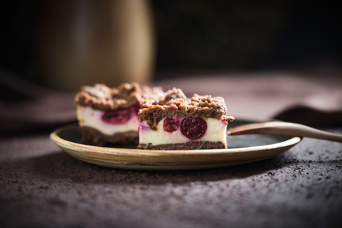 Vegan crumble quark cake with sour cherries