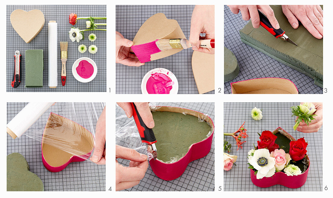 Instructions for making a flower arrangement in heart-shaped cardboard box