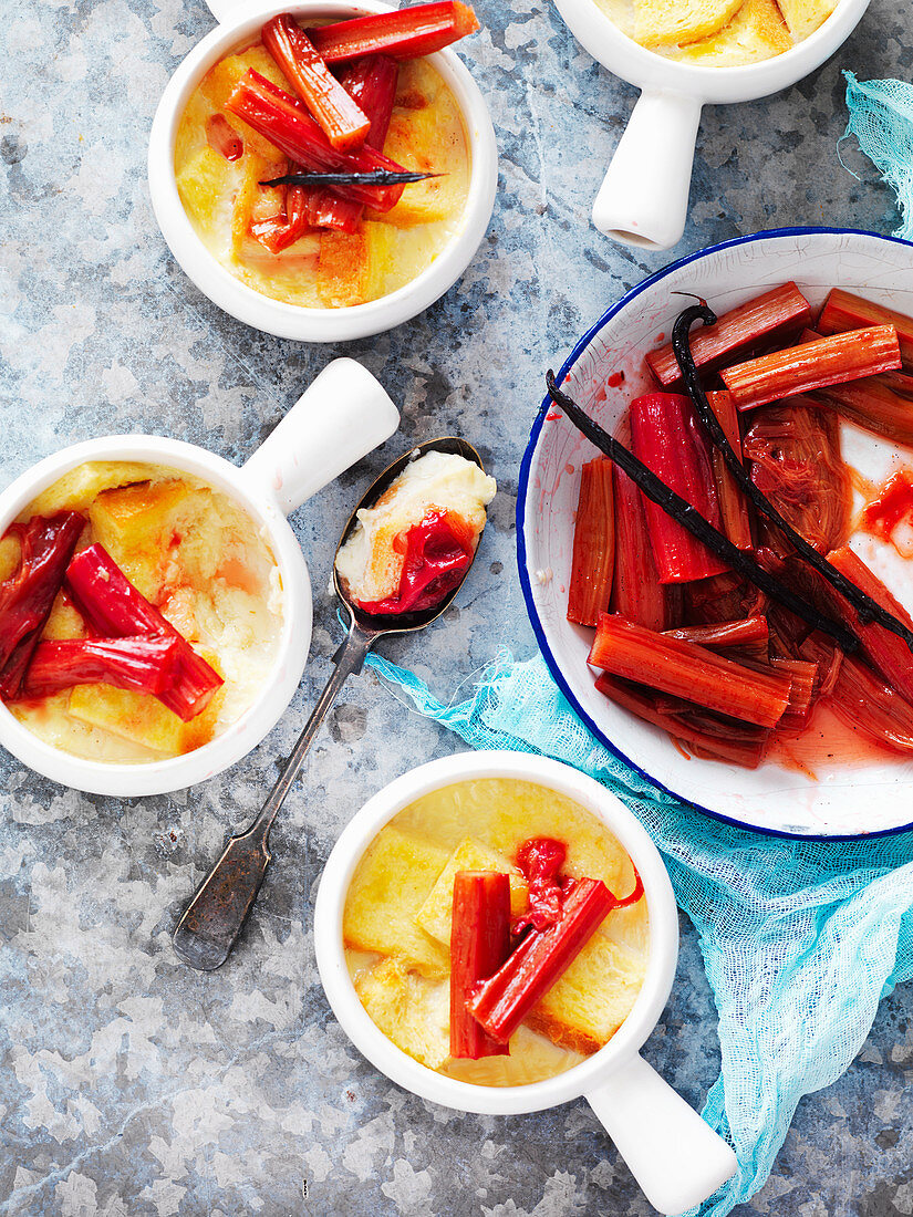 Lemon Bread and Butter Pudding with Baked Rhubarb