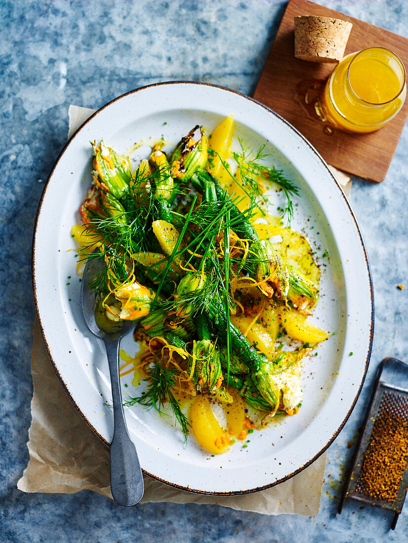 Char-grilled Zucchini Flowers with Orange and Herb Salad