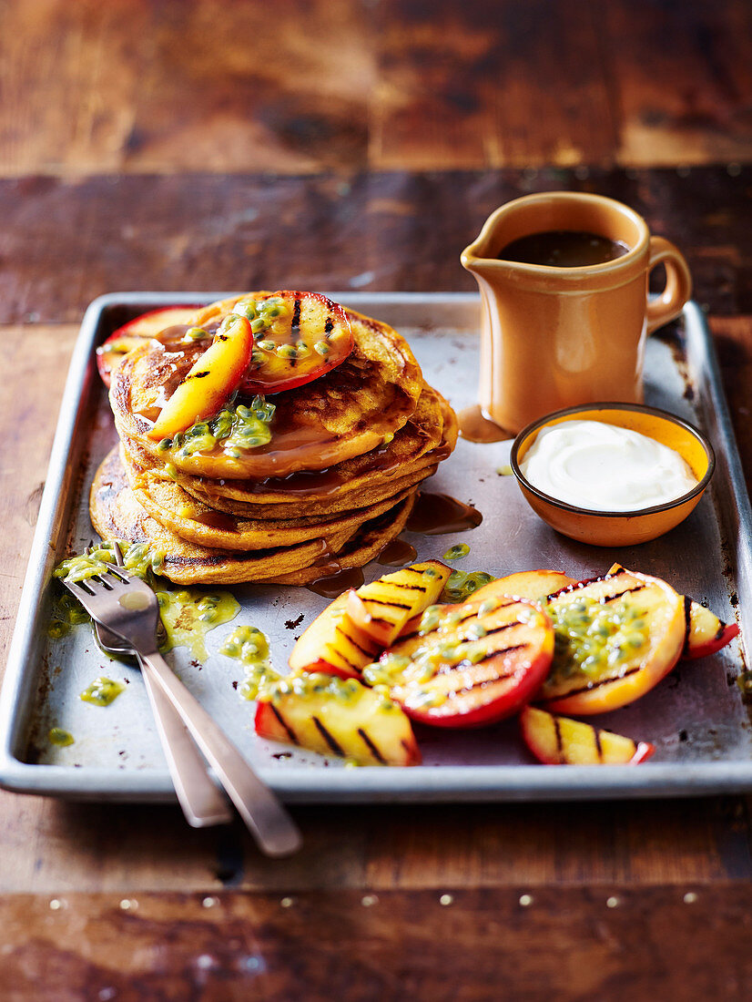 Sweet Potato Pancakes with Grilled Peaches and Coconut Caramel