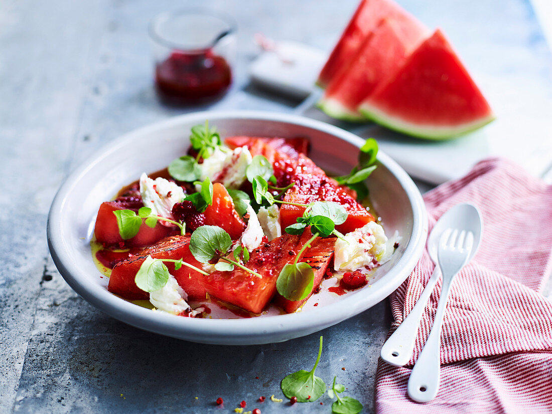 Grilled Watermelon and Mozzaerlla Salad with Raspberry Dressing