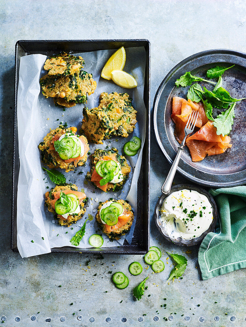 Kale and Chickpea Fritters with Smoked Salmon
