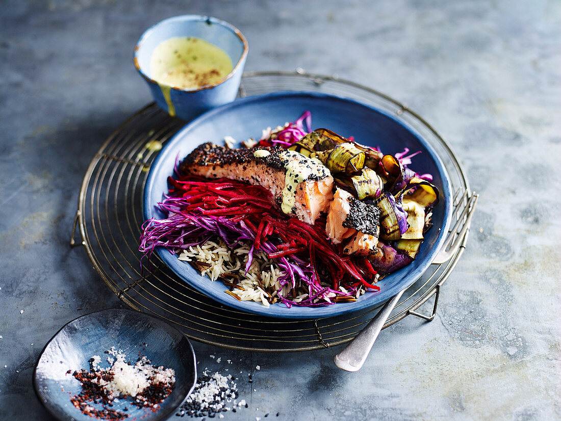 Purple Abundance Bowl with Crisp Skin Salmon and Tummeric Dressing