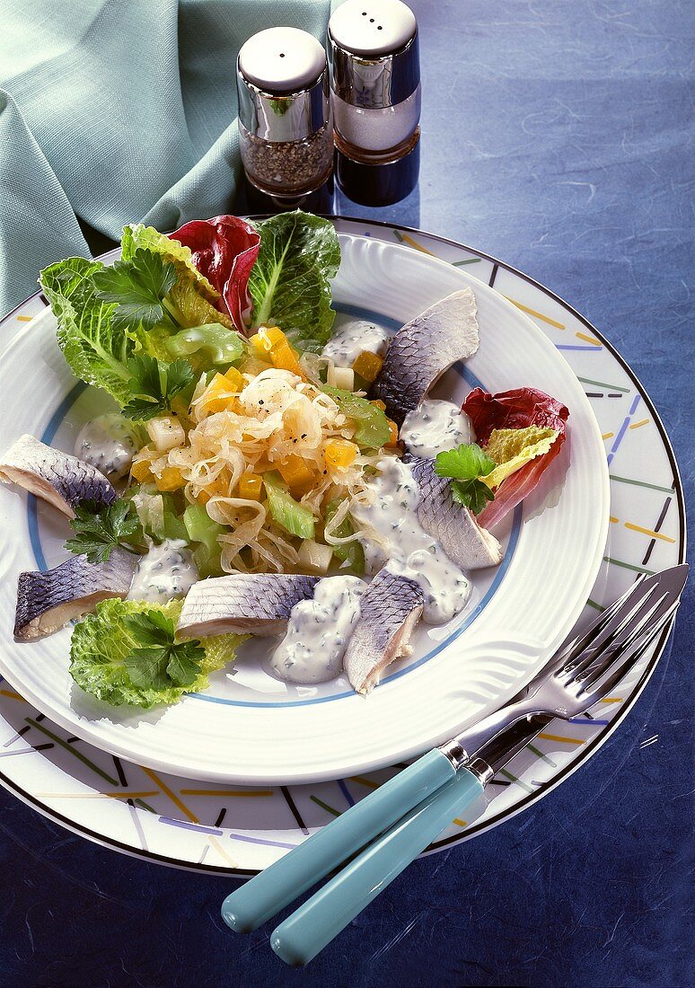 Heringstücke mit Sauerkraut-Gemüse-Salat