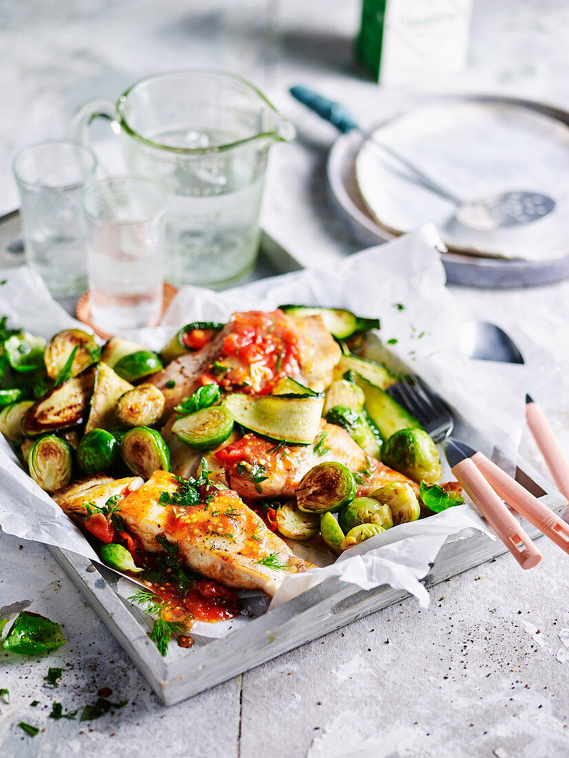 Fisch auf provenzalische Art mit Rosenkohl und Kräuter-Tomatensauce