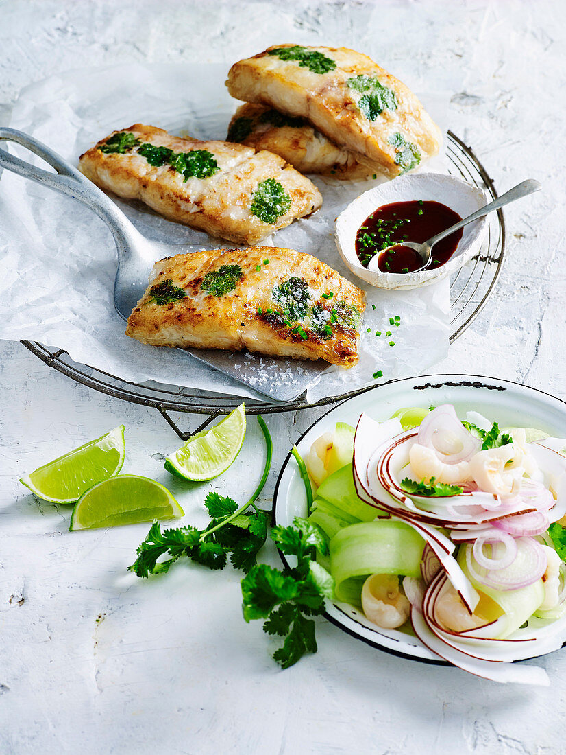 Crisp Fish Parcels with Lychee and Coconut Salad