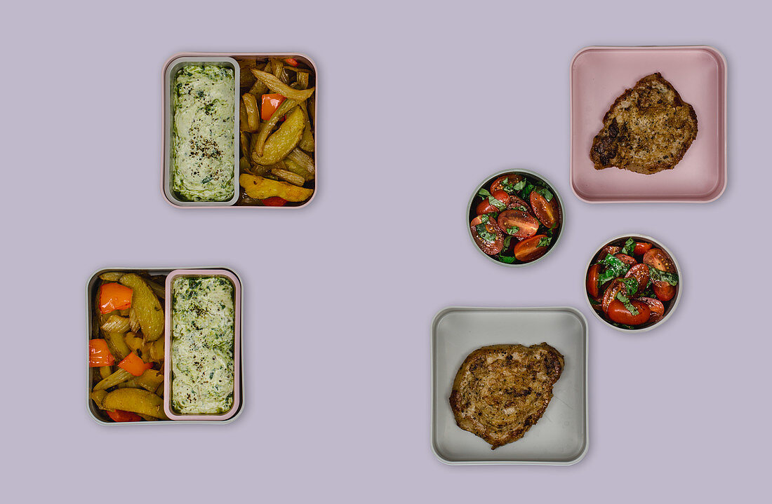 Ofengemüse mit Kräuterquark, Minutenschnitzel und Salat (Meal Prep)
