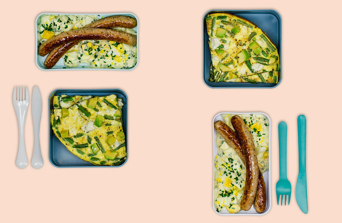 Gemüseomelette mit Feta und Bratwurst mit Eiersalat (Meal Prep)