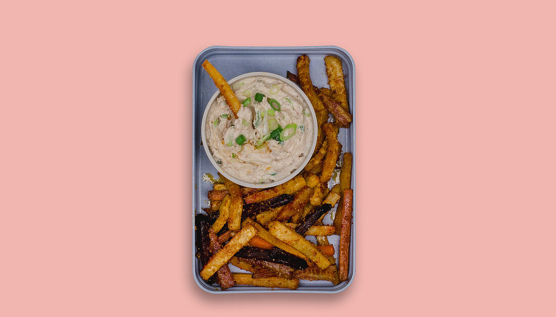 Vegetable chips with a tuna fish dip