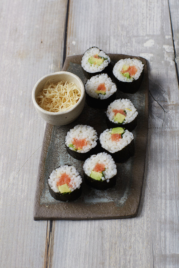 Smoked salmon sushi rolls