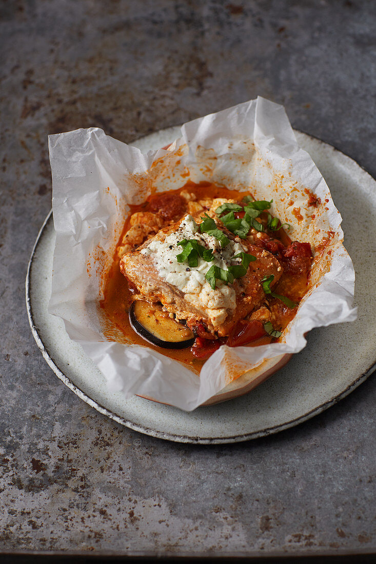 Salmon and feta parcel with tomato salsa