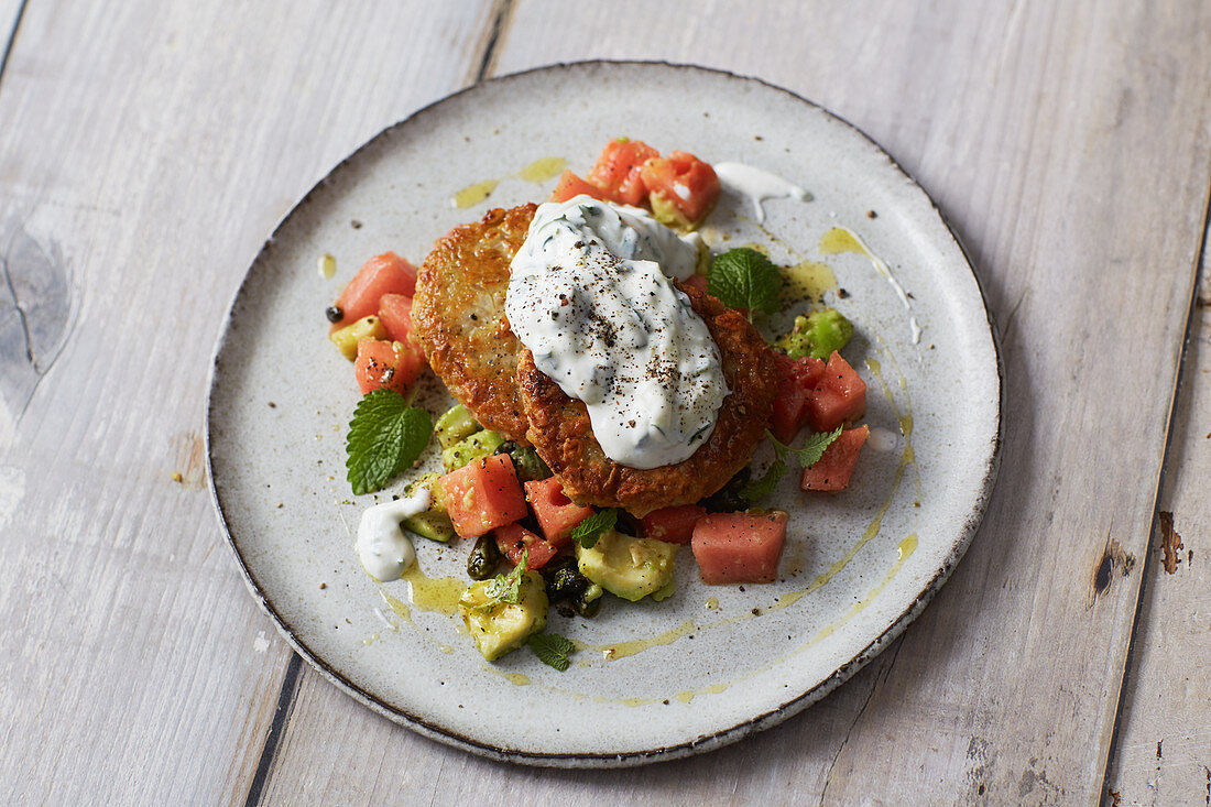 Freekeh fritters with a melon salad