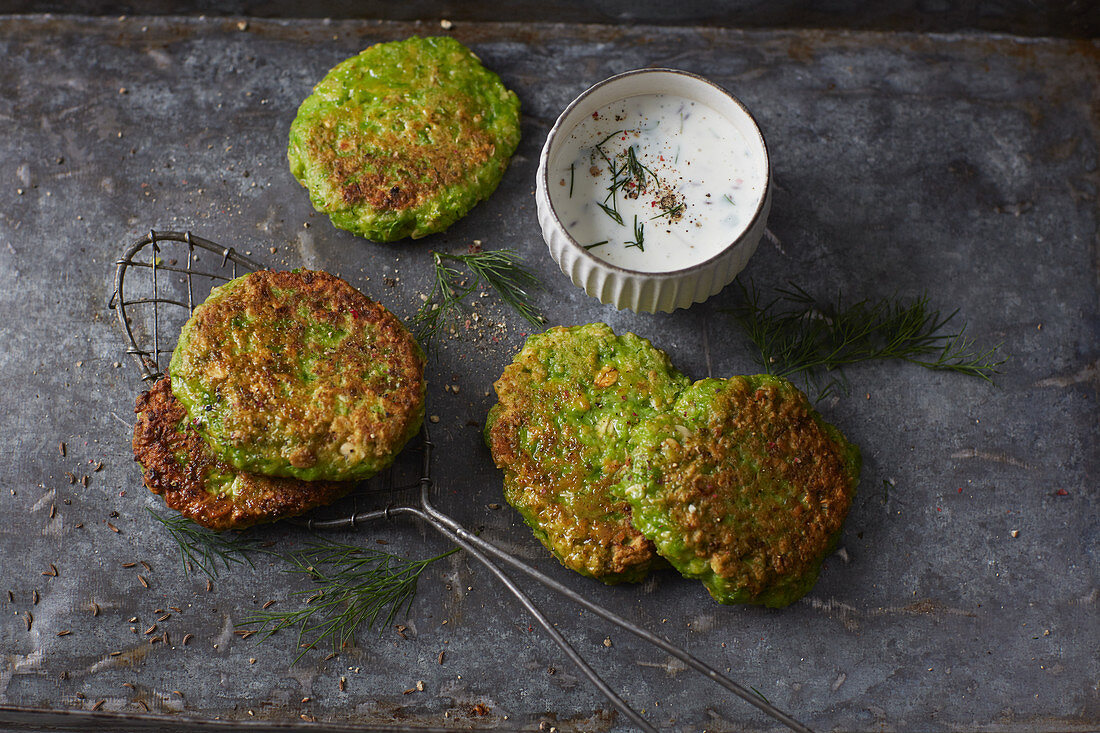 Green pea and oat fritters with a kefir dip