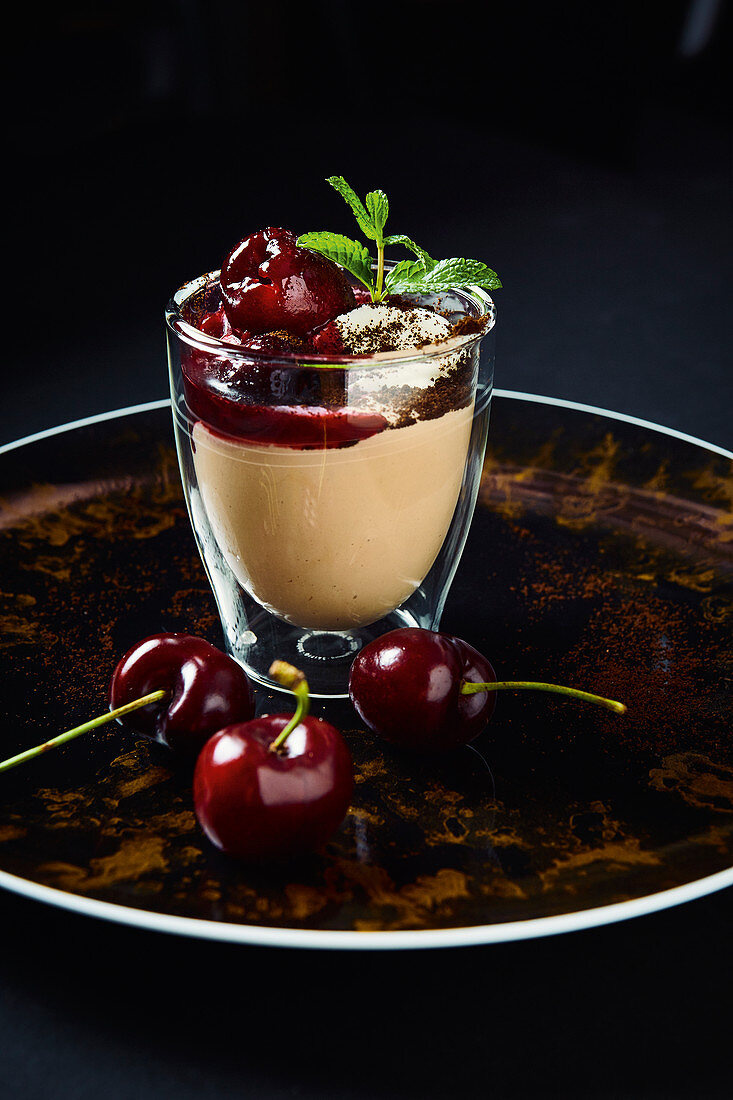 Iced cappuccino with caramelised cherries