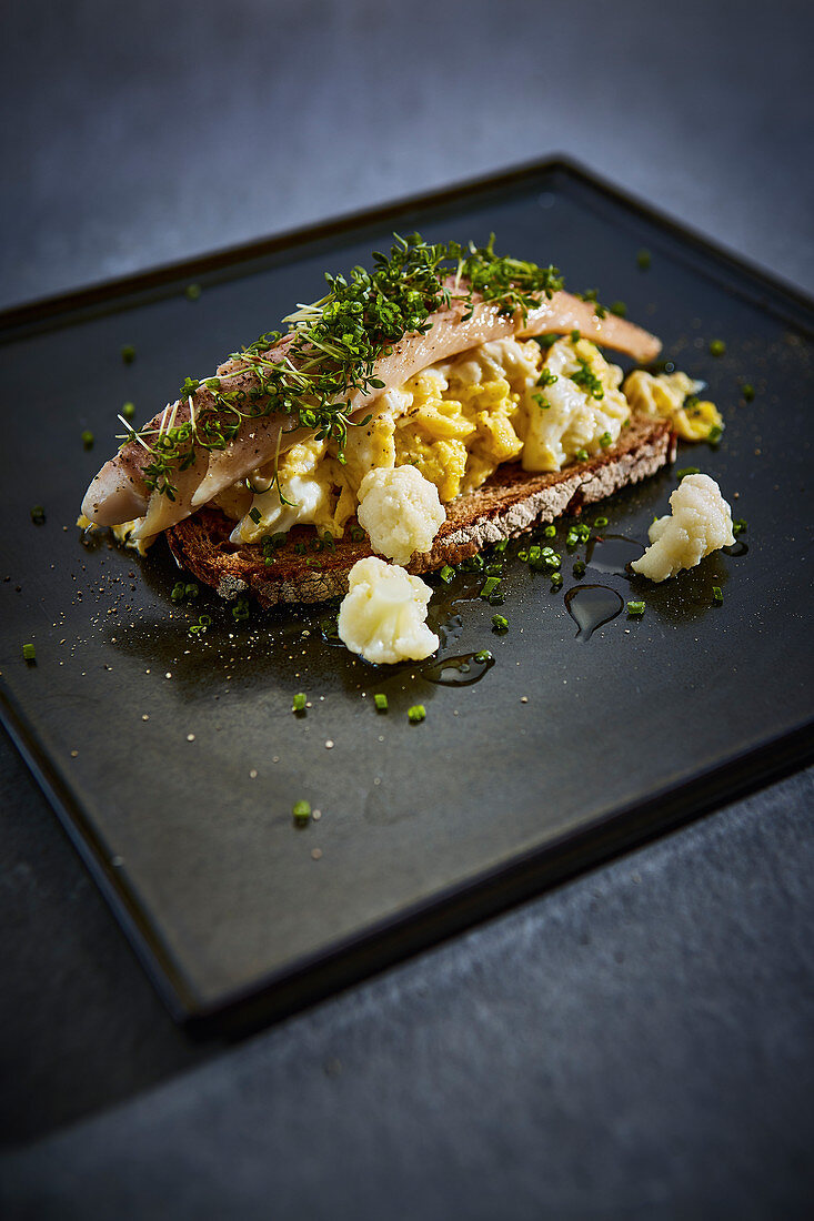 Smoked char with cauliflower scrambled egg on country bread