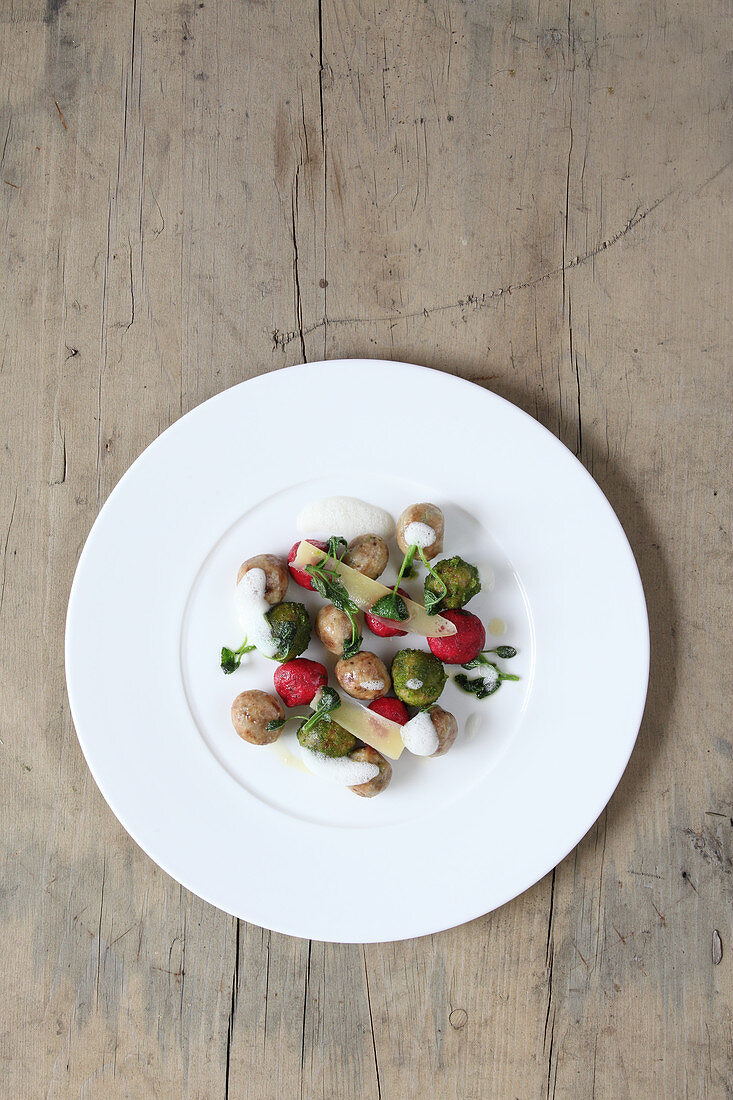 Beetroot gnocchi, olive gnocchi and porcini gnocchi