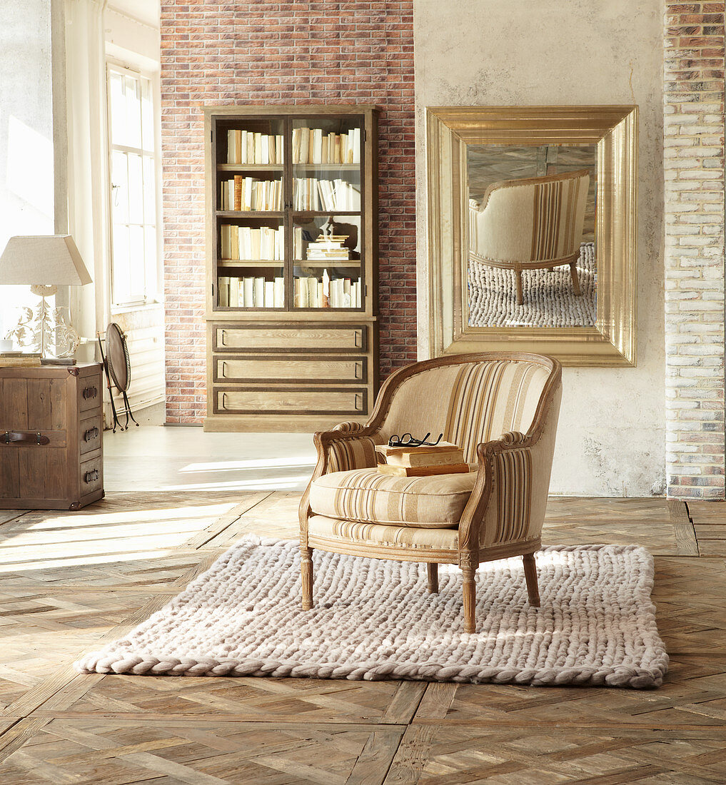 Knitted rug in classic living room in beige