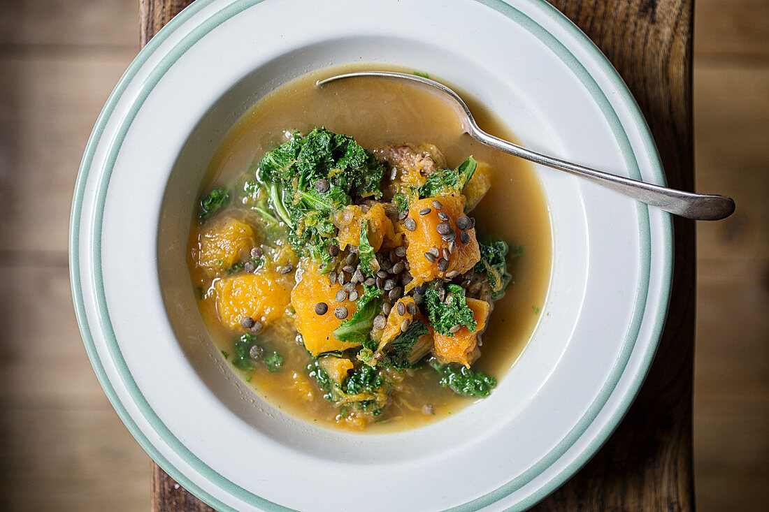 Bowl of Sauasage, Butternut and Kale Soup