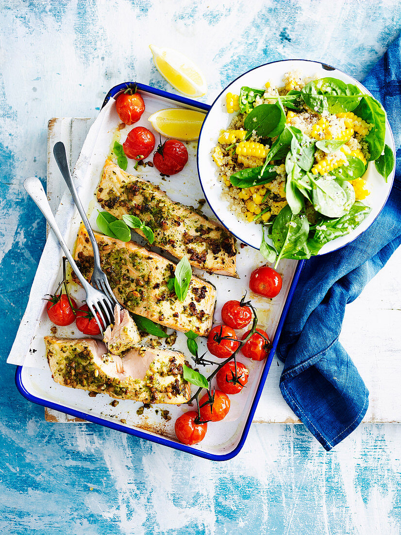 Baked Salmon with Spinach and Quinoa Salad