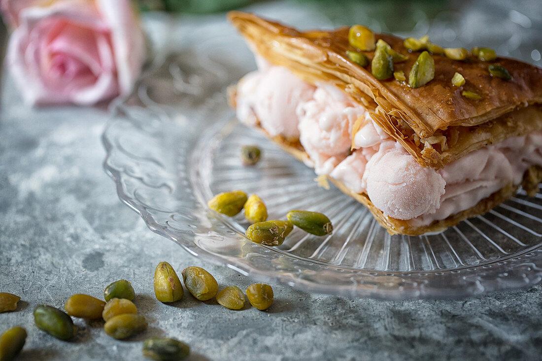 Cardamon and Rose Ice Cream with Pistachio in a Baklava shell