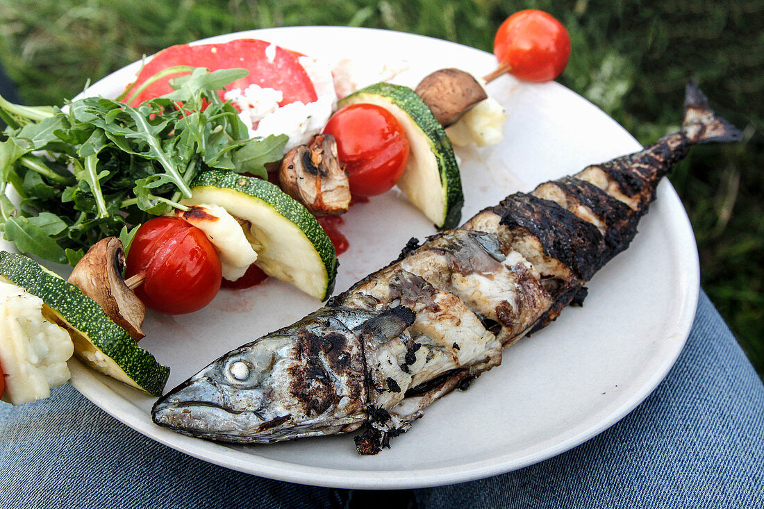 Gegrillte Makrele und Gemüsespiesse auf weissem Teller