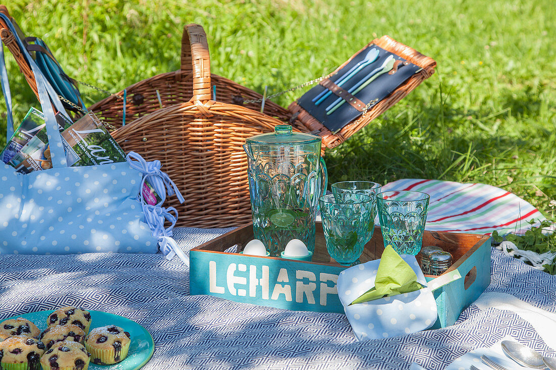 Jug, glasses and hand-sewn bag on picnic blanket