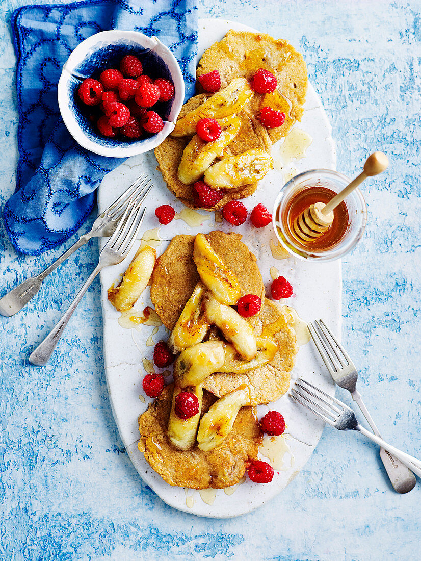 Pancakes with Grilled Honey Bananas and Raspberries