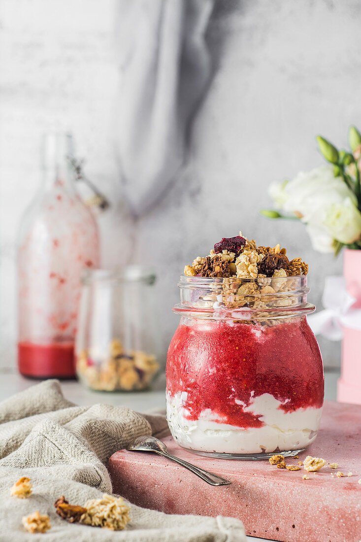 Strawberry smoothie with natural yoghurt and crunch muesli