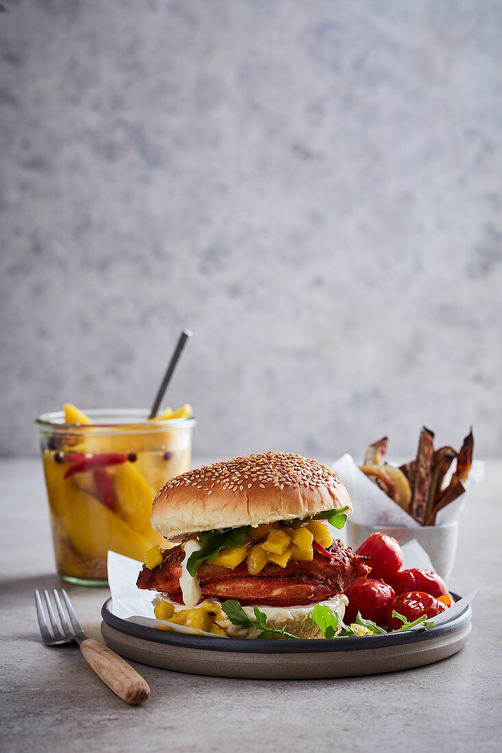 Chickenburger mit eingelegter Mango