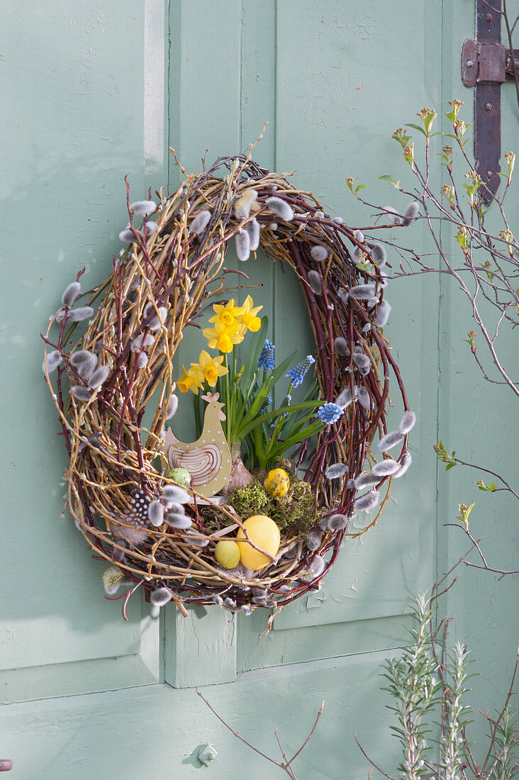 Willow door wreath, decorated for Easter