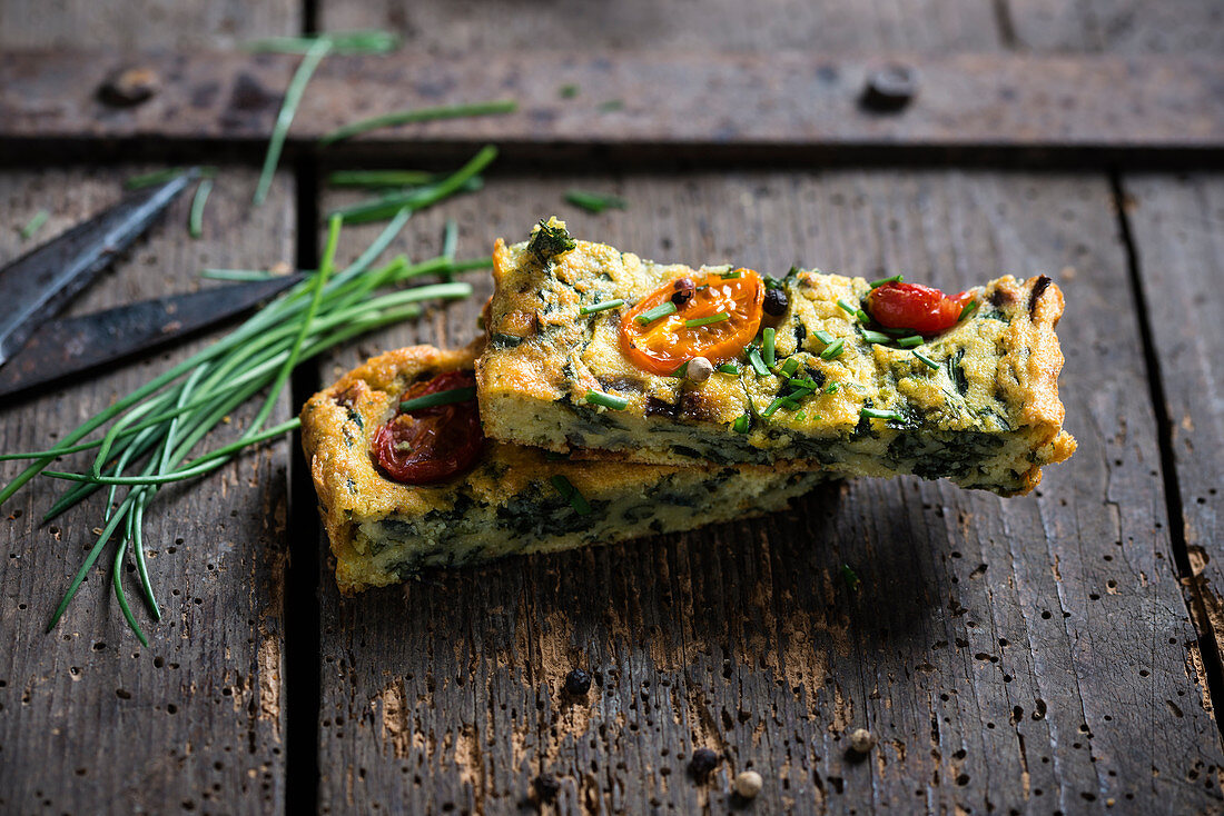 Vegan frittata made from yellow mung beans and spinach