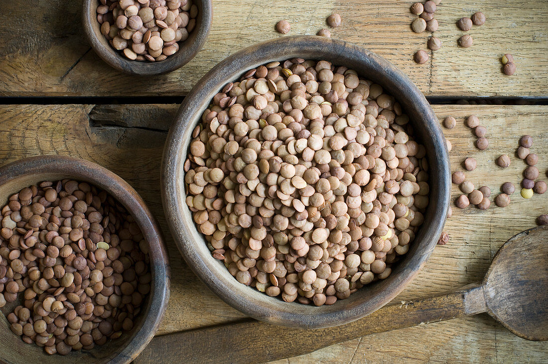 Bowls of lentils on a rustic wooden surface