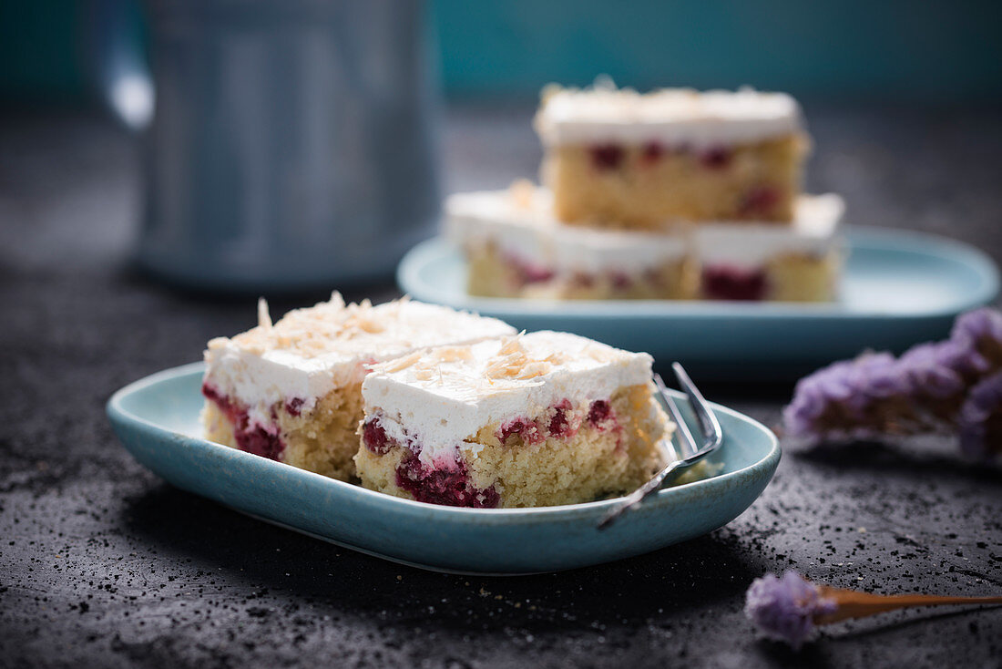 Vegan sponge cake with sour cherries and white rice milk chocolate cream