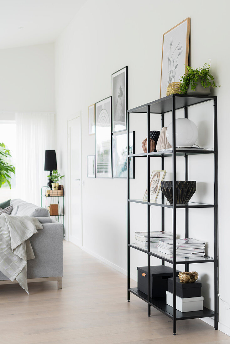 Ornaments on black shelving in bright interior