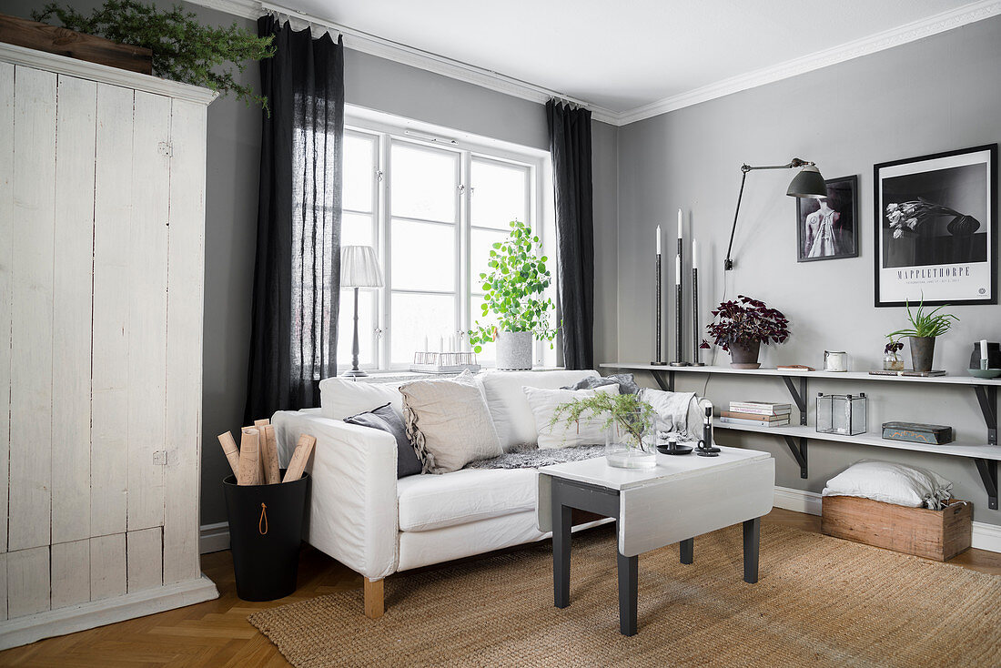 White board cupboard, sofa and low shelves in grey and white interior