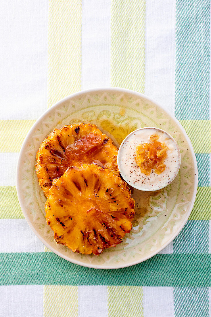 Panna cotta with grilled pineapple, ginger and coconut