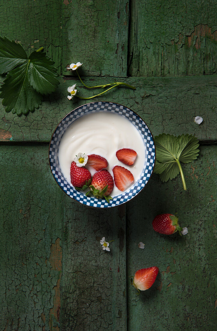 Naturjoghurt mit frischen Erdbeeren