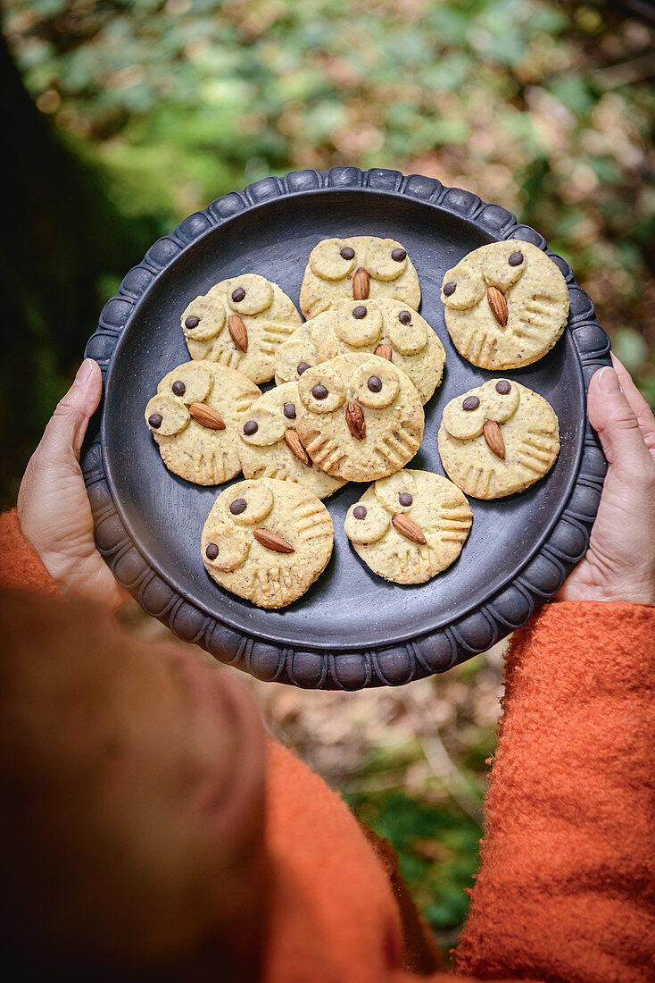 Owl-shaped biscuits on black plate