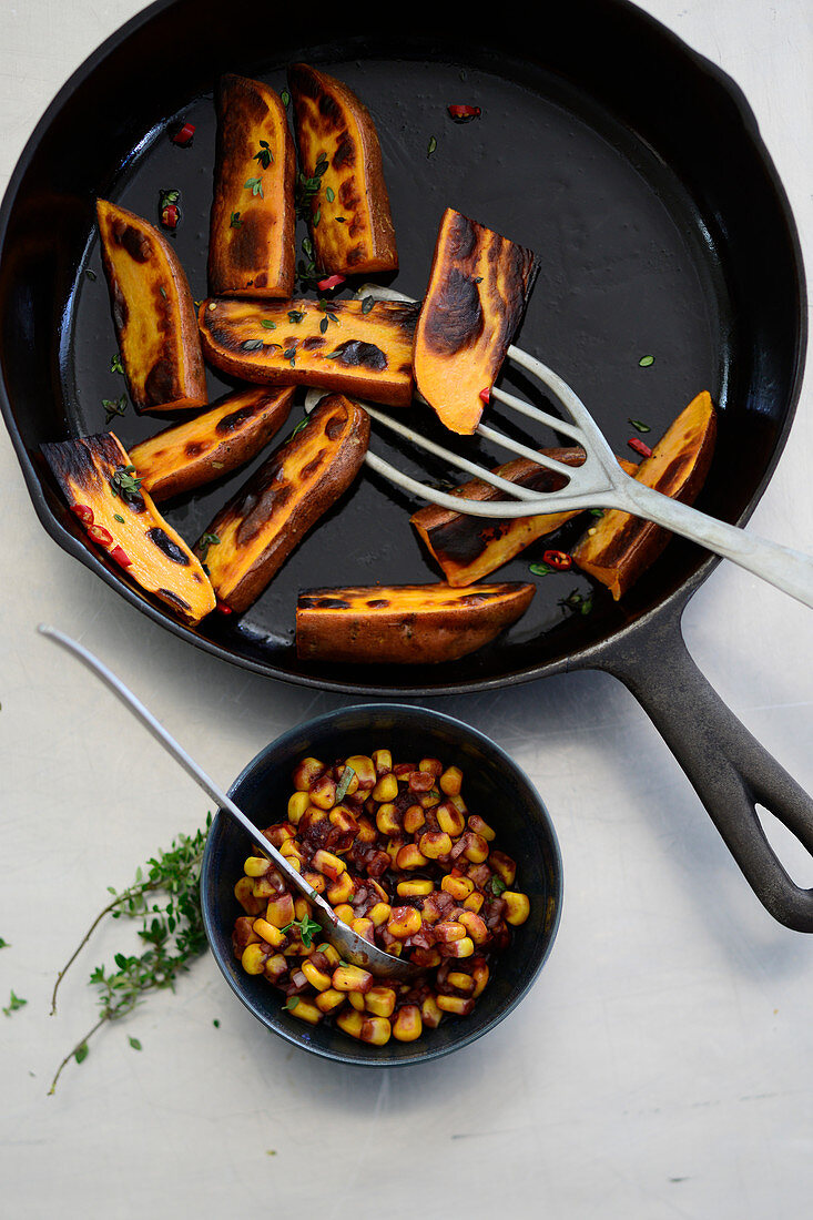 BBQ sweetcorn salad and sweet potato wedges