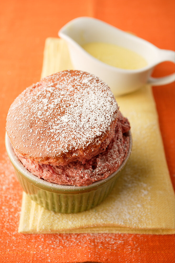 Beetroot and strawberry souffle with vanilla sauce
