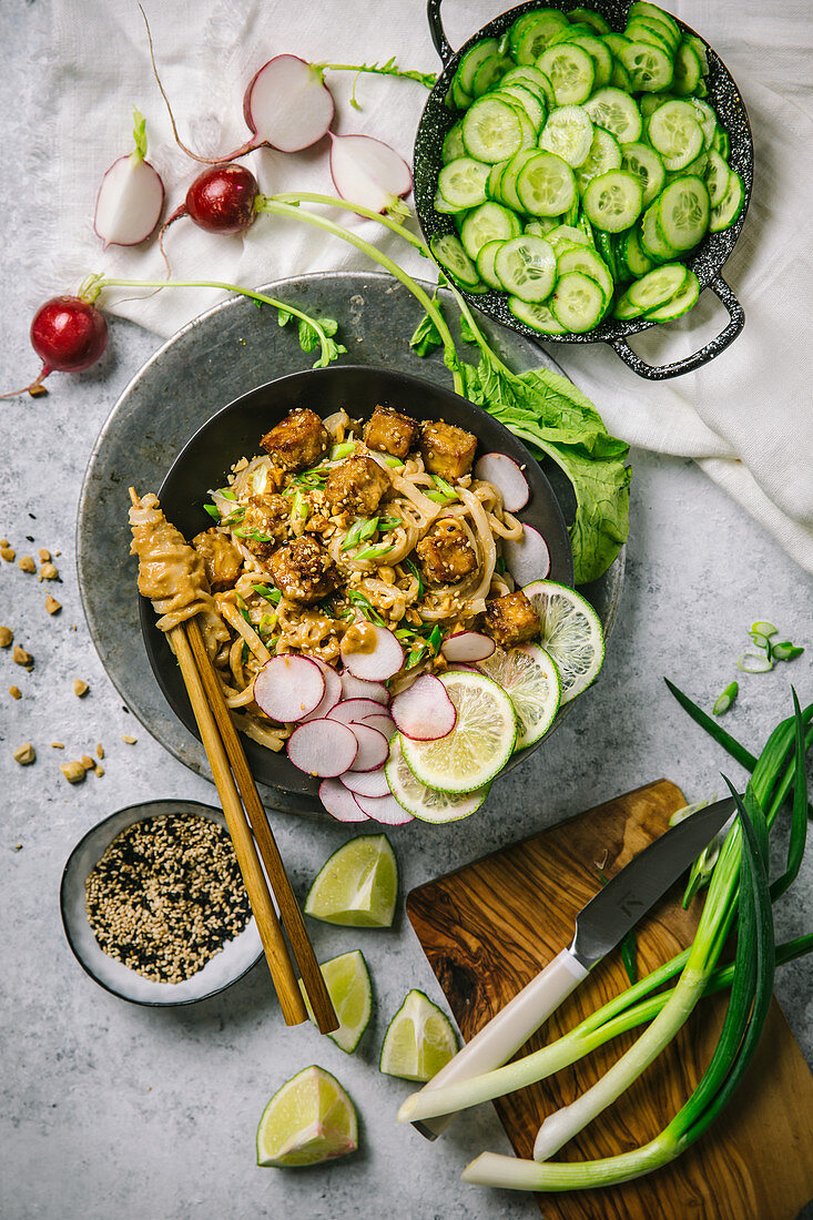 Tofu and Noodles with Peanut Sauce and Cucumbers