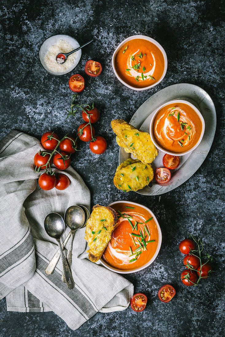 Tomato Soup with Cheese Toasts and Fresh Tomatoes