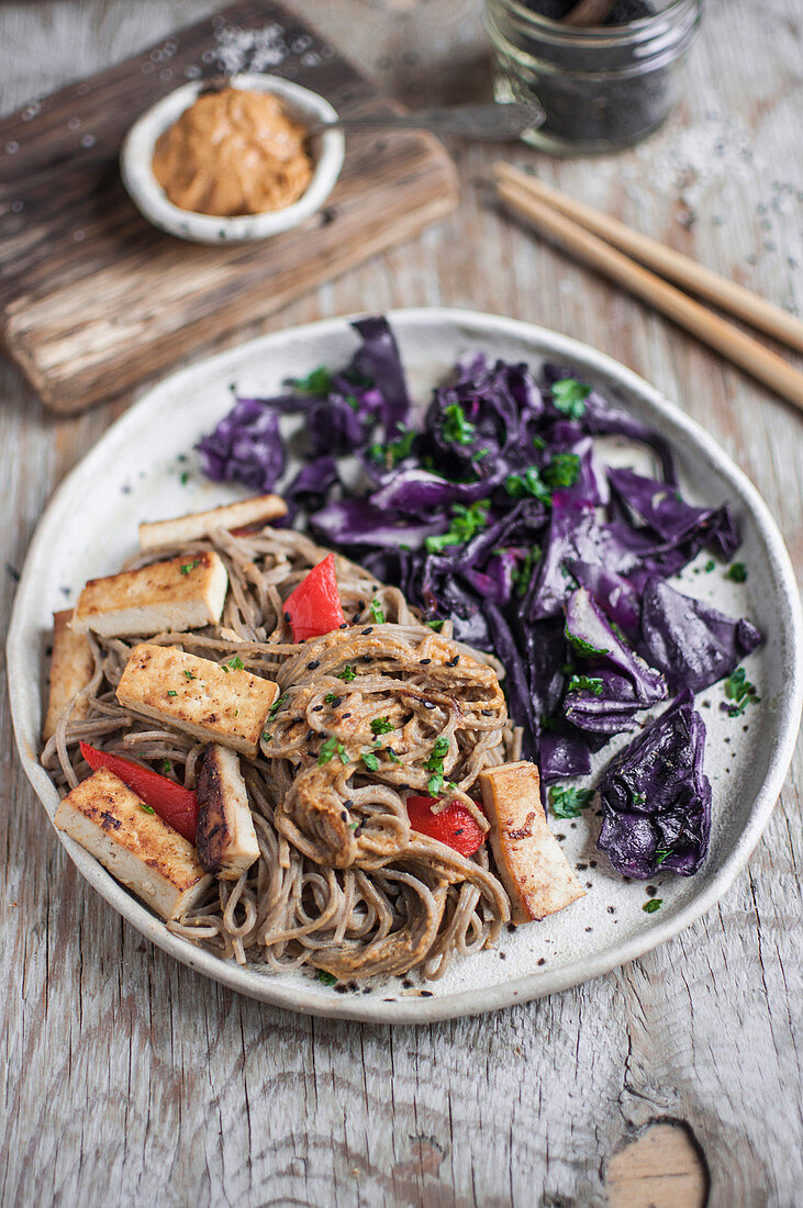 Vegan Soba noodles with peanut sauce, tofu and bell pepper. Served with roasted red cabbage