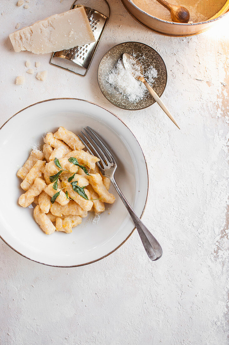 Pumpkin gnocchi with sage butter and parmesan cheese